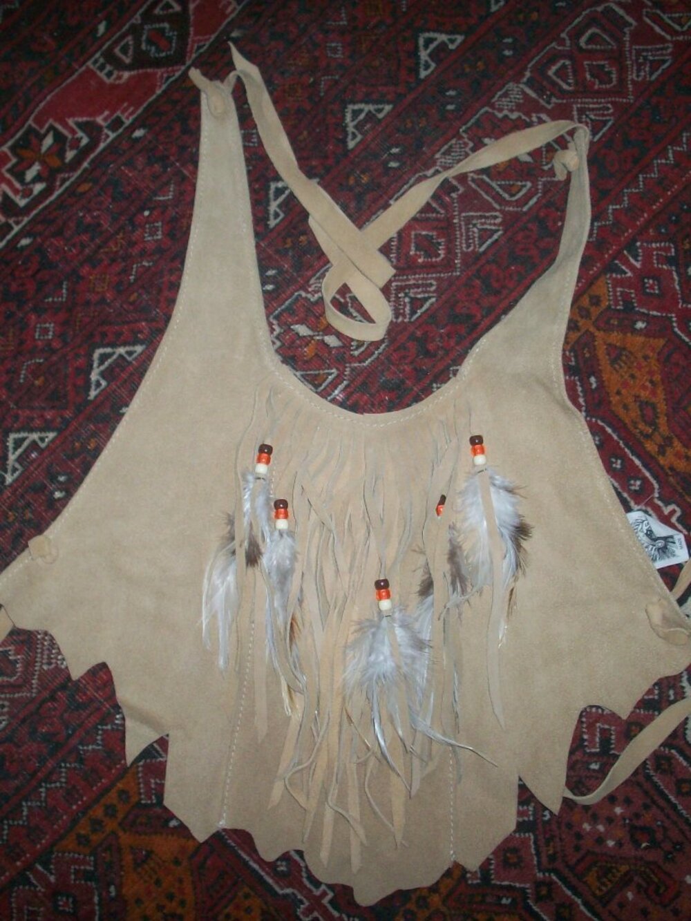 Vintage Suede Leather Fringe Feather Tan Brown Boho Halter Open Back Crop Top